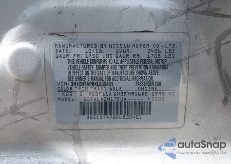 2019 Nissan Versa S/S Plus/Sv из США, поврежденный, VIN 3N1CN7AP8KL830401